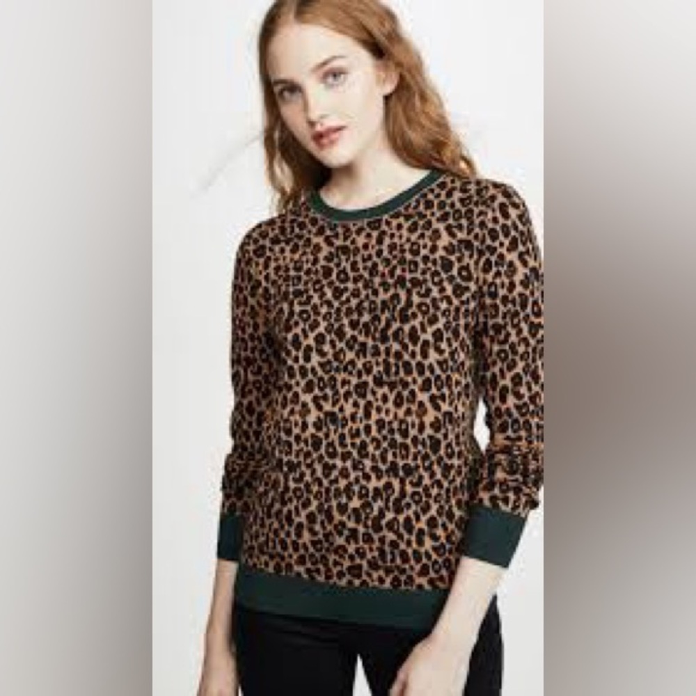 Scotch and Soda Leopard print sweater with green trimmed collar and sleeves. L